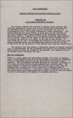 Press announcement concerning the awarding of the contracts for the Nimrod magnet coils and vacuum chamber (undated but presumed to be 1958; the vacuum chamber is one of the largest plastic structures ever made)
