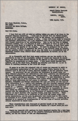 Letter to Sir James Chadwick, Gonville and Caius College concerning the proposed European Laboratory (12 August 1952)