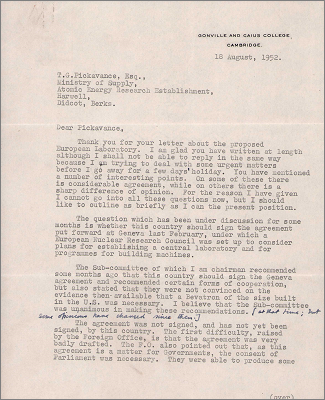 Letter from Sir James Chadwick in reply discussing the political situation (18 August 1952)