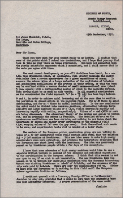 Letter to Sir James Chadwick in reply to his letter (15 September 1952)