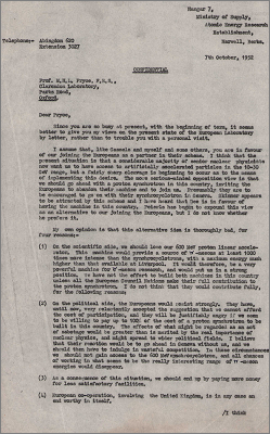 Letter to Prof Pryce, Clarendon Laboratory concerning the proposed European Laboratory (7 October 1952)