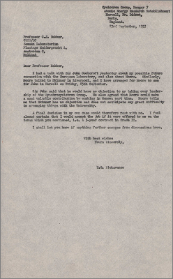 Letter to Prof Bakker, Zeeman Laboratorium, Holland regarding Pickavance's leadership of Synchrocyclotron Group (23 September 1953)