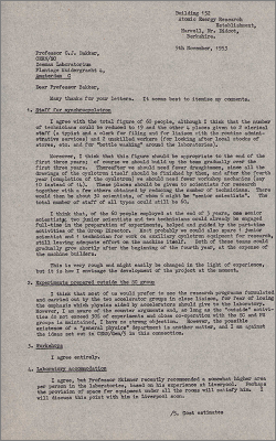 Letter to Prof Bakker concerning synchrocyclotron staff, experiments, accommodation, cost estimates (9 November 1953)