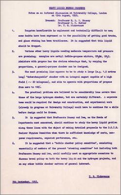 Heavy Liquid Bubble Chambers: Notes on an informal discussion with Massey and Butler at University College, London on 19 August (9 September 1958)