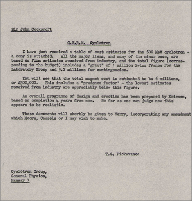 Letter to Sir John Cockcroft concerning costs for 600 MeV cyclotron (undated)