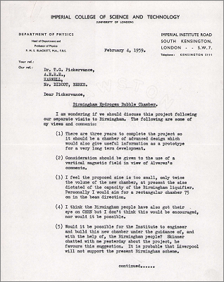 Letter from CC Butler, Imperial College concerning the Birmingham Hydrogen Bubble Chamber (4 February 1959)