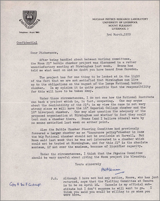Letter from HWB Skinner, University of Liverpool concerning issues with the Moon 21 inch Bubble Chamber (3 March 1959)