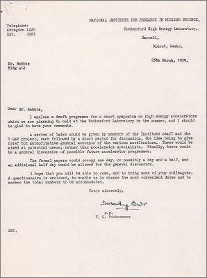 Letter to Leo Hobbis with a draft program for a symposium on high energy accelerators to be held in July (25 March 1959)
