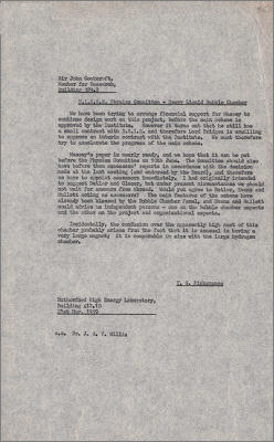 Letter to Sir John Cockcroft concerning design work for the Heavy Liquid Bubble Chamber (21 May 1959)