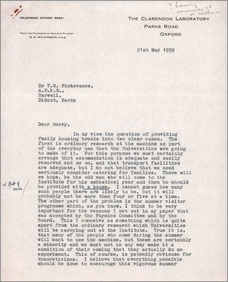 Letter from Denys Wilkinson, Clarendon Laboratory concerning housing for visitors and their families (21 May 1959)