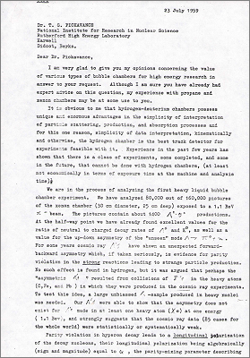 Letter from Nobel Prize-winner DA Glaser, Berkeley concerning gases and bubble chambers (23 July 1959)
