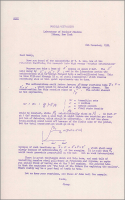 Letter from Prof Cassels, Cornell concerning work by TD Lee at Princeton into high energy neutrino interactions (6 November 1959)