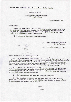 Extract from letter from Prof Cassels with supplementary technical details on the neutrino story (18 November 1959)