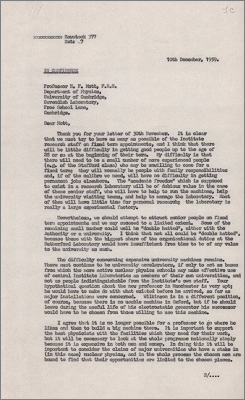 Letter to Prof Mott, Cambridge concerning staffing issues (10 December 1959)