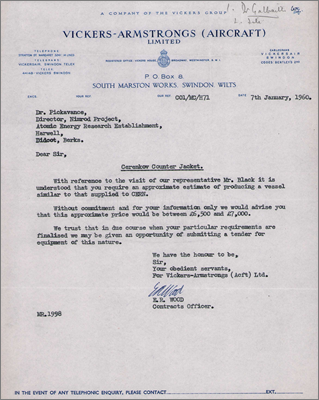 Letter from Wood/Vickers-Armstrongs (Aircraft) Ltd concerning an estimate for a Cerenkov counter jacket (7 January 1960)