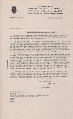 Letter from LS Smith, DSIR concerning the loan of the UK Hydrogen Bubble Chamber currently at CERN (20 January 1960)