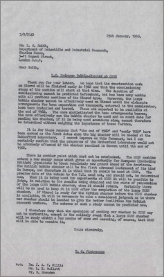 Letter to LS Smith, DSIR concerning the delivery and timing of the UK Hydrogen Bubble Chamber at CERN (25 January 1960)