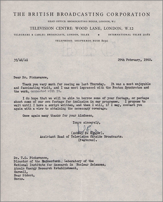 Letter from Aubrey Singer, BBC with thanks for a most enjoyable visit filming for the Tercentenary of the Royal Society (19 February 1960)