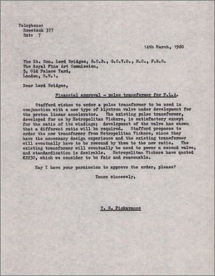 Letter to Lord Bridges concerning financial approval for the pulse transformer for the PLA (14 March 1960)