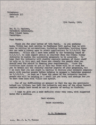 Letter to GL Squires, Cavendish concerning proposals for a new reactor (15 March 1960)