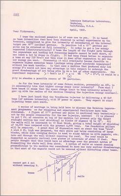 Letter from Paul Murphy, Berkeley discussing technical details of Bevatron (April 1960)