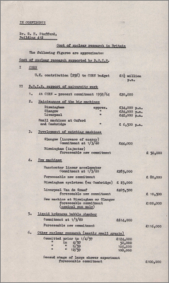 Letter to Godfrey Stafford with costs of nuclear research in Britain (11 April 1960)