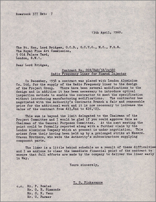 Letter to Lord Bridges concerning an increase in cost for the radio frequency liner for Nimrod (13 April1 1960)