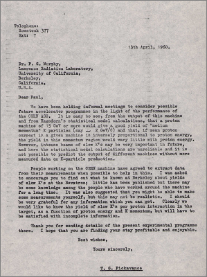 Letter to PG Murphy, Lawrence Radiation Lab, Berkeley concerning future accelerator programmes and the CERN AGS (13 April 1960)