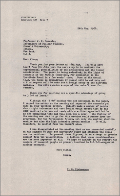 Letter to JM Cassels, Cornell concerning the design of a new electron synchrotron or linear accelerator (24 May 1960)