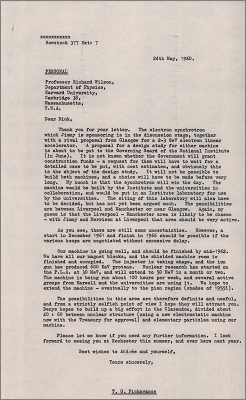 Letter to R Wilson, Harvard concerning proposals for a new electron synchrotron or linear accelerator (24 May 1960)