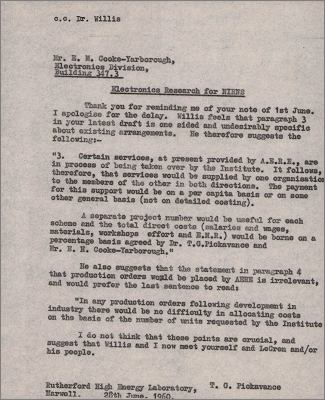 Letter to EM Cooke-Yarborough concerning arrangements for electronics research for NIRNS (28 June 1960)