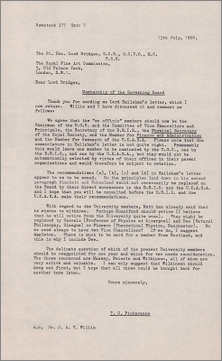Letter to Lord Bridges concerning membership of the Governing Board (13 July 1960)