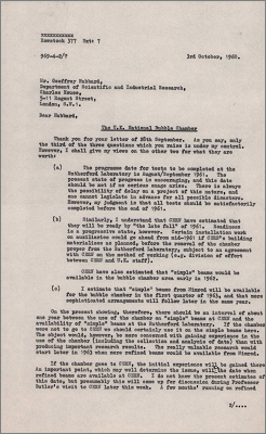 Letter to G Hubbard, DSIR concerning CERN and Nimrod development and scheduling (3 October 1960)