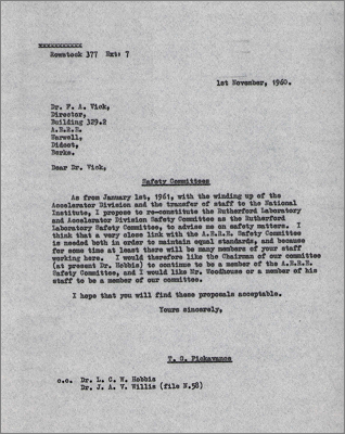 Letter to FA Vick, Harwell concerning RL and AERE safety committees (1 November 1960)