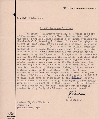 Note from E Bretscher, Nuclear Physics Division, Harwell concerning the hydrogen liquefier for the Bubble Chamber (3 November 1960)