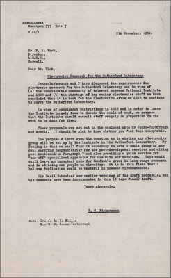 Letter to FA Vick, Harwell concerning electronic research at RL and Ted Cooke-Yarborough's Electronics Division at AERE (9 November 1960)