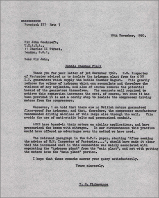 Letter to John Cockcroft concerning the accumulation of hydrogen in the bubble chamber plant (10 November 1960)