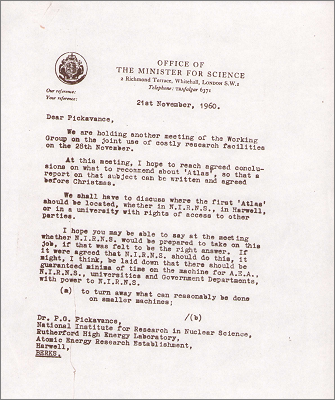 Letter from FF Turnbull, Office of the Minister for Science concerning the location and use of Atlas (21 November 1960)