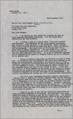 Letter to Lord Bridges concerning Ferranti's issues with the delay in ordering Atlas, location and ownership (23 November 1960)