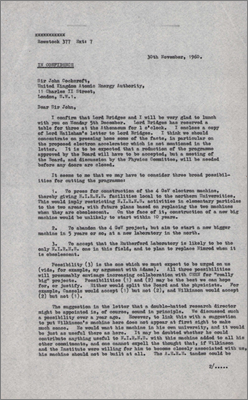 Letter to Sir John Cockcroft concerning the proposed electron laboratory, funding cuts and effect on accelerator programs (30 November 1960)