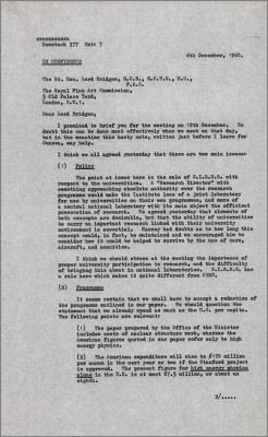 Letter to Lord Bridges concerning NIRNS policy with respect to universities and funding issues (6 December 1960)