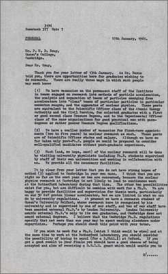 Letter to PMD Gray, Queen's College, Cambridge concerning graduate research (17 January 1961)
