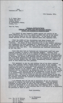 Letter to WJ Kane, Silica Gel Ltd concerning problems and delays in delivery of hydrogen gas drier and other equipment (17 January 1961)