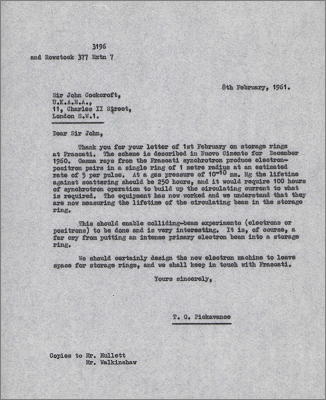Letter to Sir John Cockcroft concerning storage rings at Frascati (8 February 1961)
