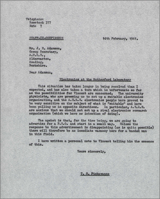 Letter to JE Adamson, AWRE Aldermaston concerning recruitment and AERE electronics people (14 February 1961)