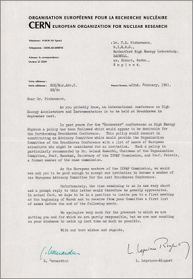 Letter from G Bernardini and L Leprince-Ringuet, CERN concerning logistics for upcoming HEP conferences (22 February 1961)