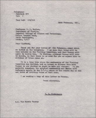 Letter to Prof CC Butler, Imperial College concerning membership of Visiting Committee (24 February 1961)