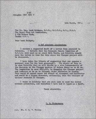 Letter to Lord Bridges concerning DSIR Research Grants Committee and issues surrounding the Glasgow machine (14 March 1961)