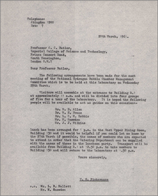 Letter to Prof CC Butler concerning arrangements for the National Hydrogen BC Management Cttee (20 March 1961)