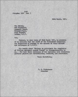 Letter to Geminus/Editor of New Scientist objecting to the assertion that Lab staff are dispirited at successes at CERN (24 March 1961)